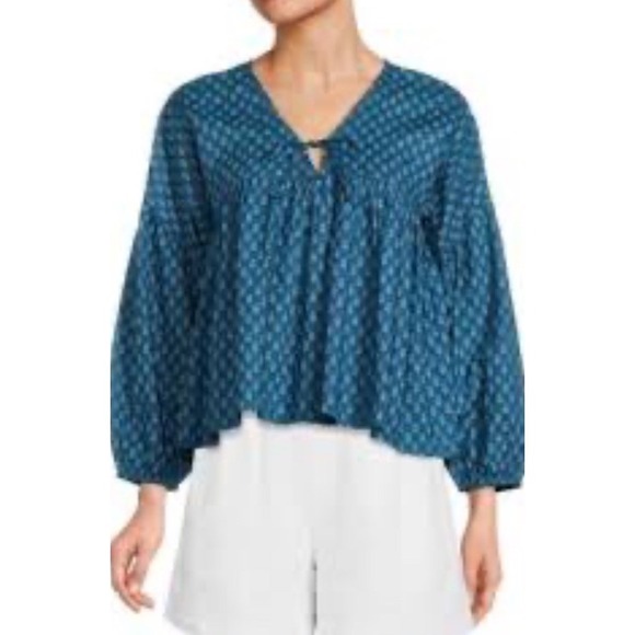 Faherty Lyla Top L Blue Floral 100% Organic Cotton Peplum V-Neck Blouse New - Picture 2 of 7